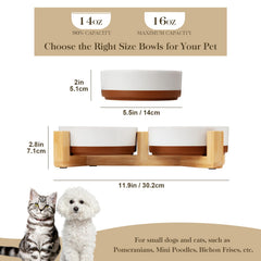 MALACASA ceramic dog bowl with wood stand, side view, stable base minimizes sliding.
