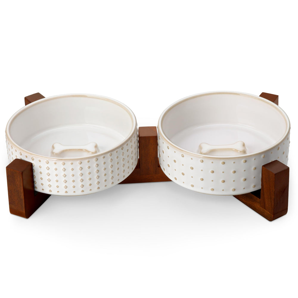 MALACASA dog bowl set with walnut stand shows elevated dining for comfortable feeding.