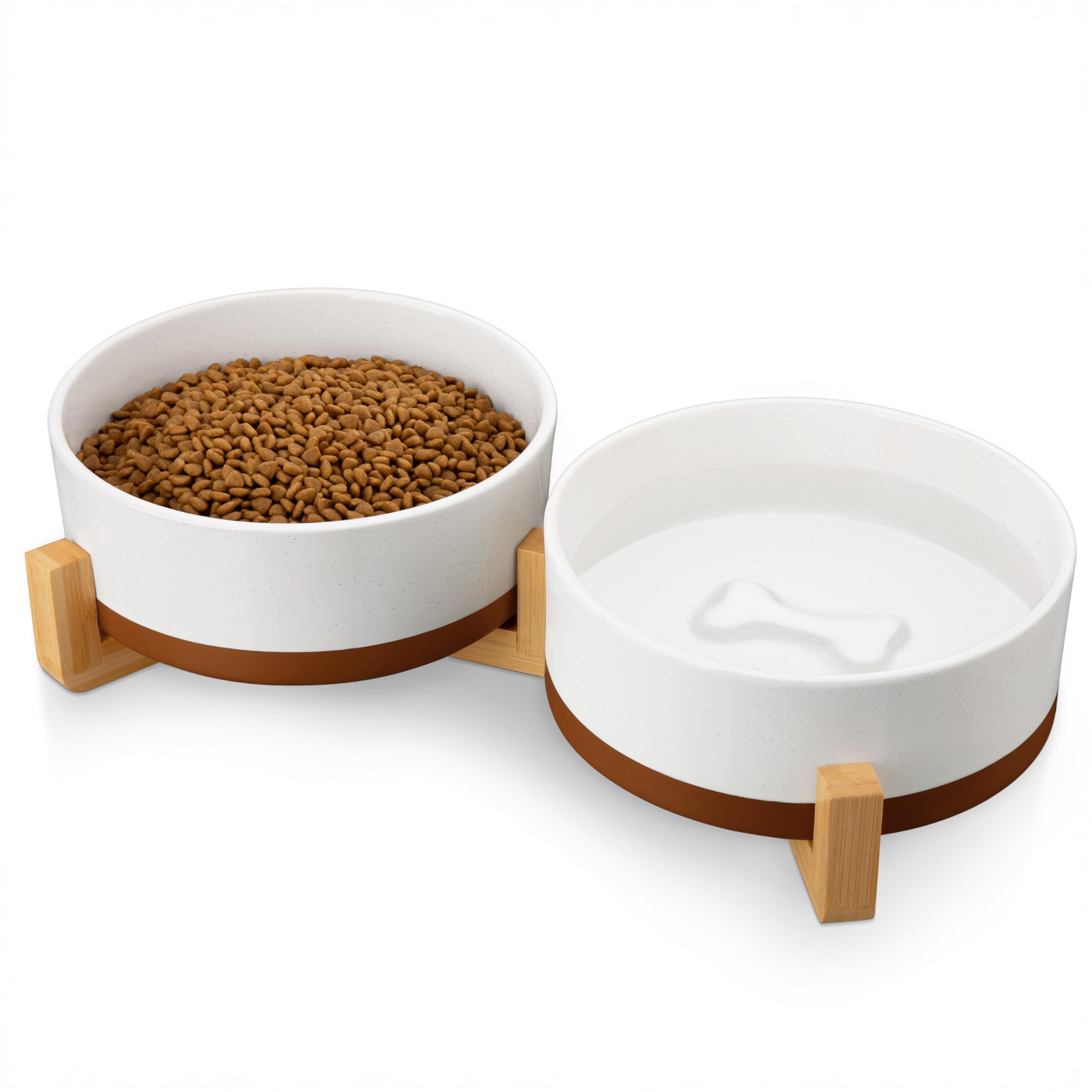 MALACASA dog bowls set with wooden stand front view for tidy meals
