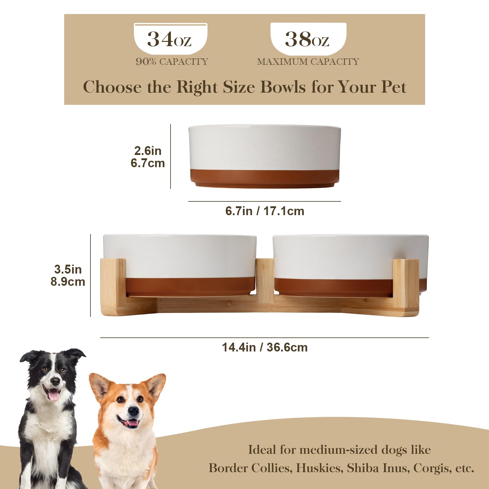 MALACASA dog bowls on wood stand, front view highlights secure posture