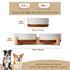 MALACASA dog bowls on wood stand, front view highlights secure posture