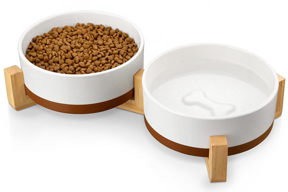 MALACASA dog bowls on wood stand, side view shows stable elevated feeding