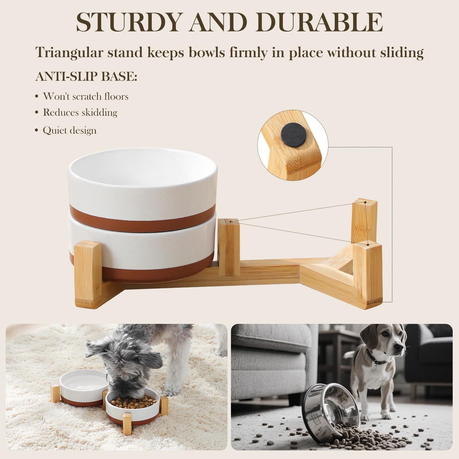 MALACASA dual bowls with wood stand, top view showing food and water in one place.