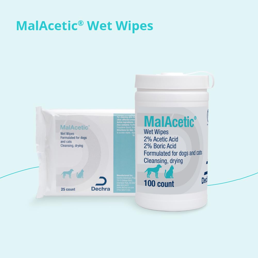MalAcetic Wet Wipes in use on a dog's irritated skin for soothing warmth.
