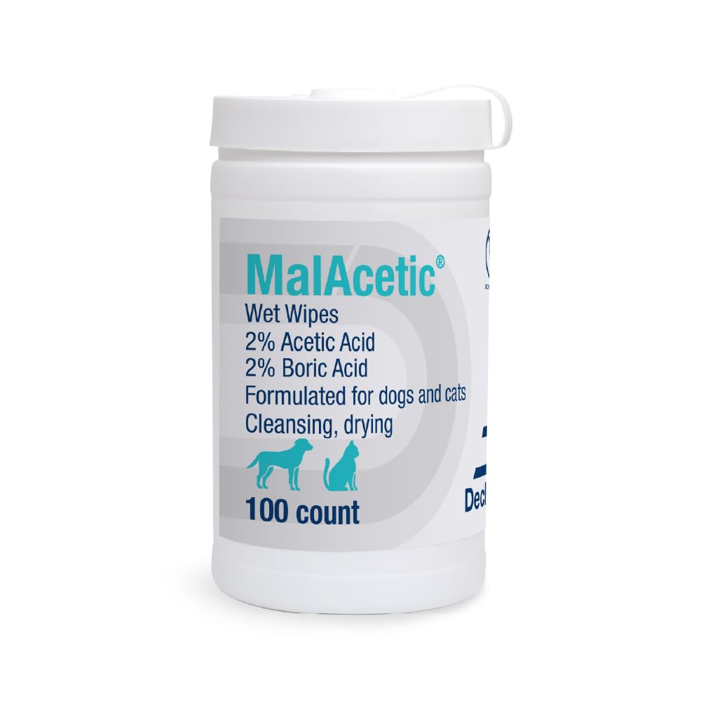 MalAcetic Wet Wipes pack close-up highlighting medicated formula for soothing hot spots on pets.