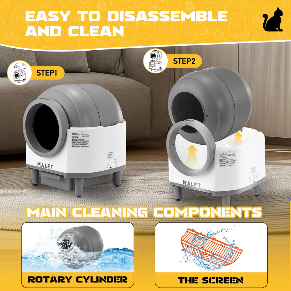 MALFT odor-control cover and scented gel illustrate odor reduction in the litter area.