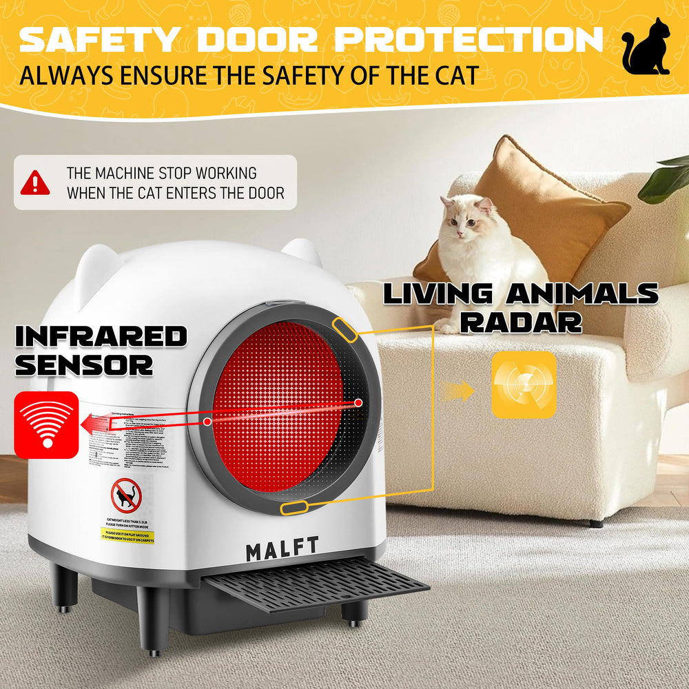 MALFT self-cleaning litter box interior drum shows hands-free waste separation.