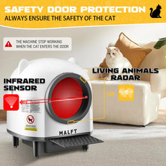 MALFT self-cleaning litter box interior drum shows hands-free waste separation.