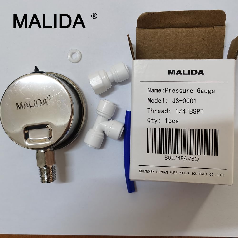 Malida stainless pressure gauge face close-up with glycerin-fill stability