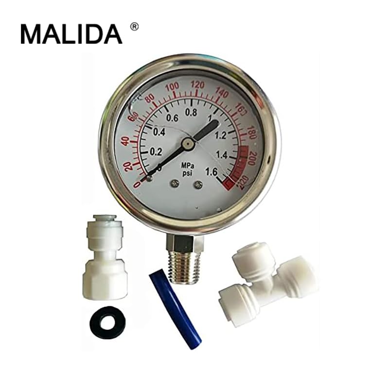 Malida gauge side view showing 1/4 inch fittings for RO testing