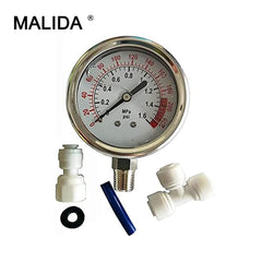 Malida gauge side view showing 1/4 inch fittings for RO testing