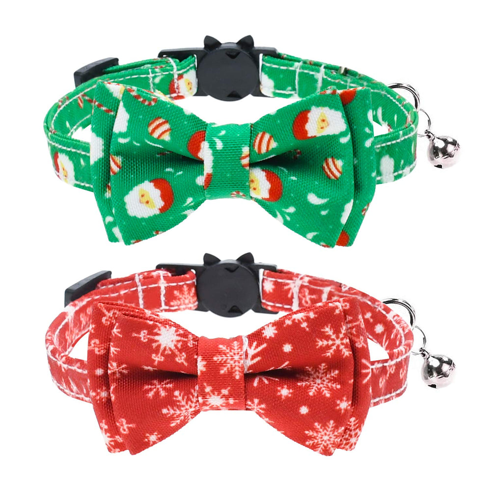 Malier Christmas cat collar close up shows festive bow tie and bell for stylish holiday dress
