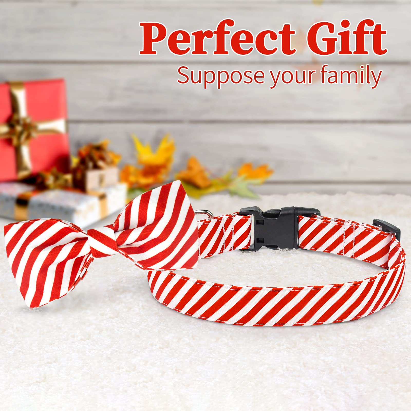 Malier Christmas Collar with Bowtie red stripe, secure buckle for pets.