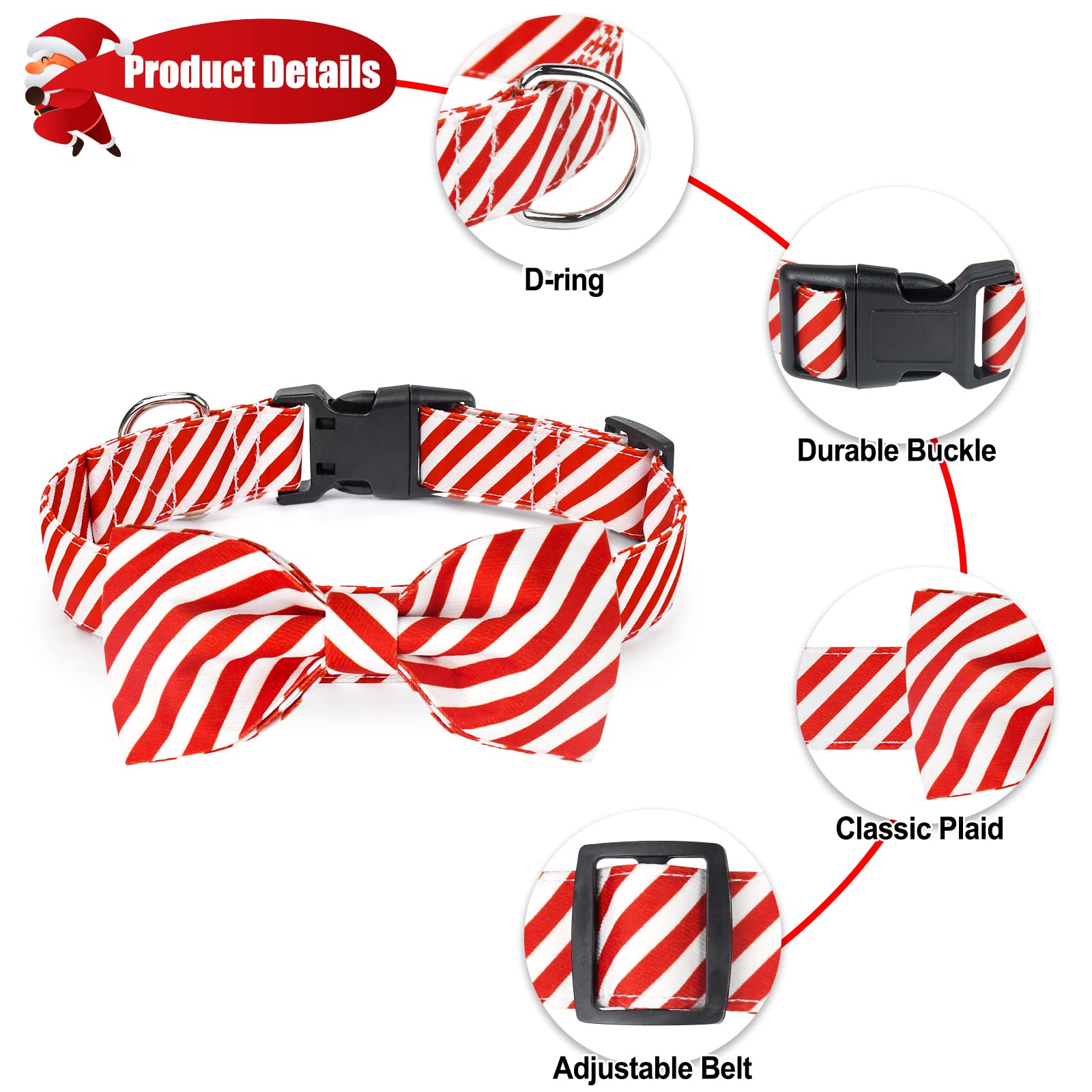 Malier Christmas Collar with Bowtie on cat, stainless D-rings for safety.