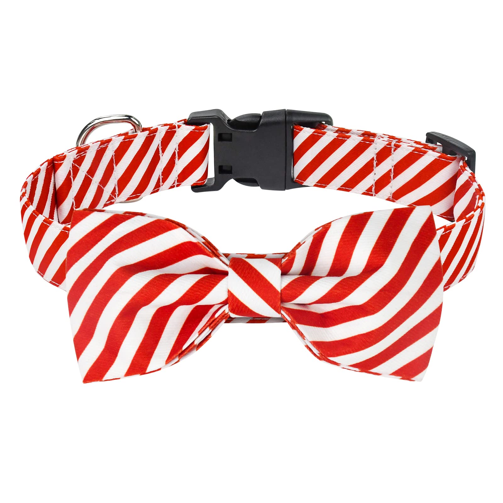 Malier Christmas Collar with Bowtie red stripe close-up, durable fabric.
