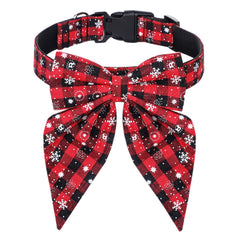 Malier Christmas dog collar with bow tie in snowflake red plaid for festive walks.