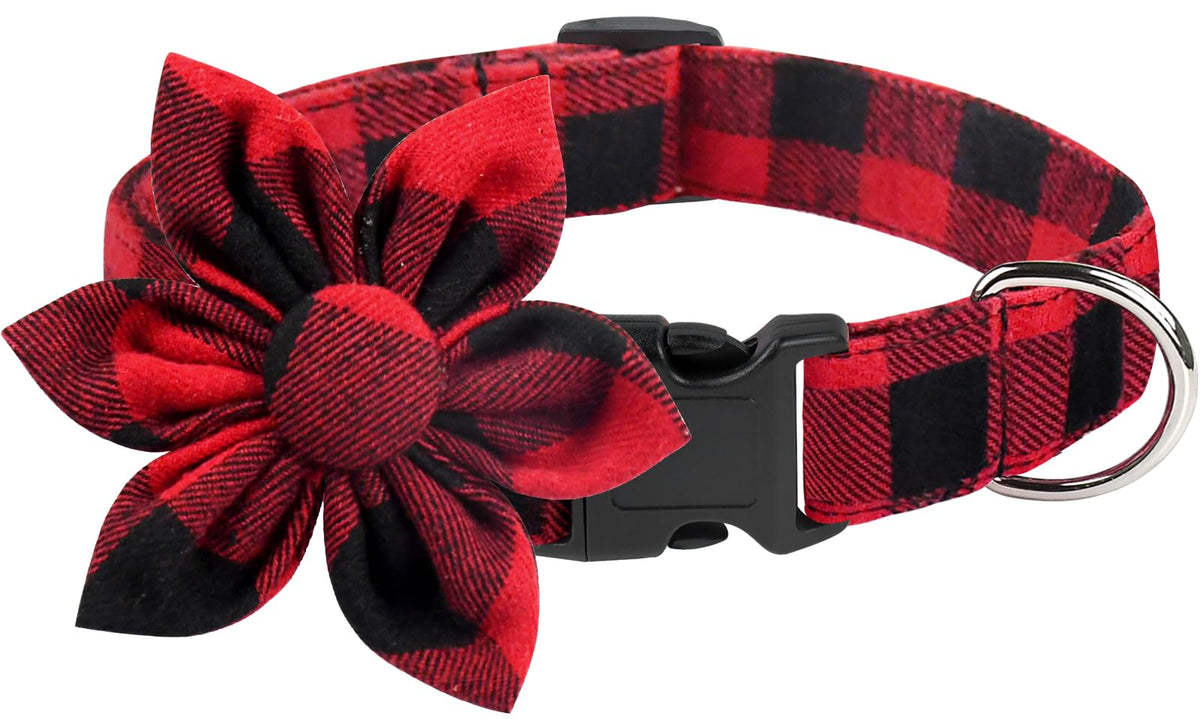 Malier Christmas dog collar with flower on buffalo plaid boosts festive walk style