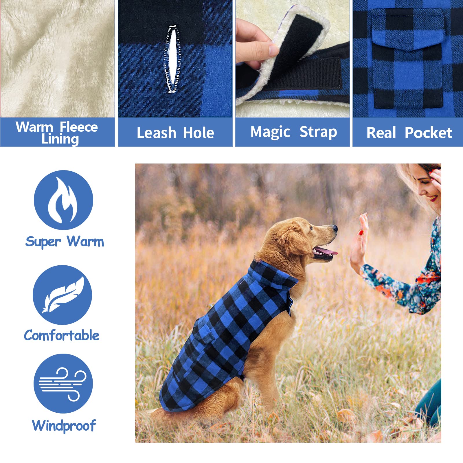 Malier Classic Plaid Fleece Dog Coat windproof close-up shows durable outer fabric.