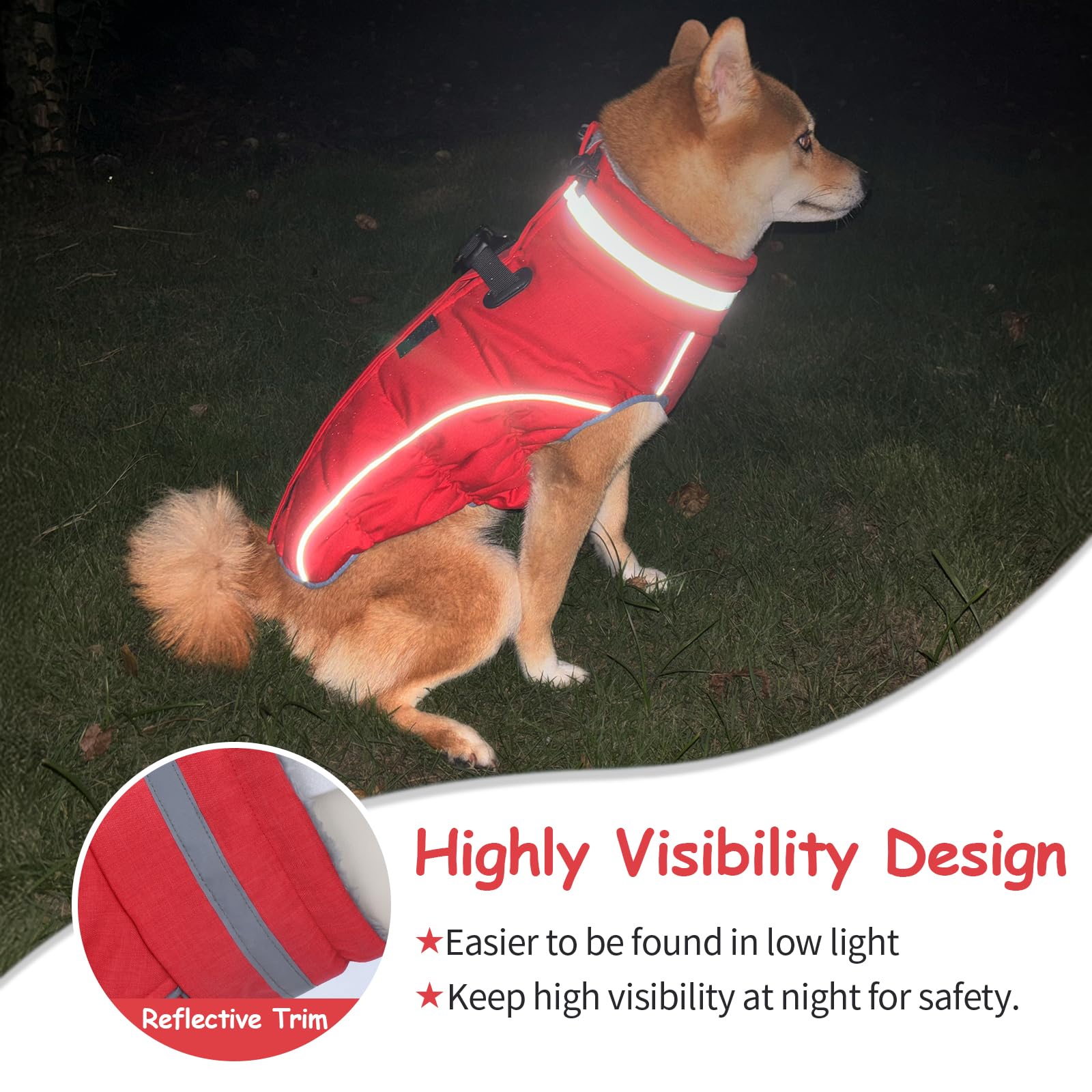 Malier red x-large coat reflective strips improve night visibility.