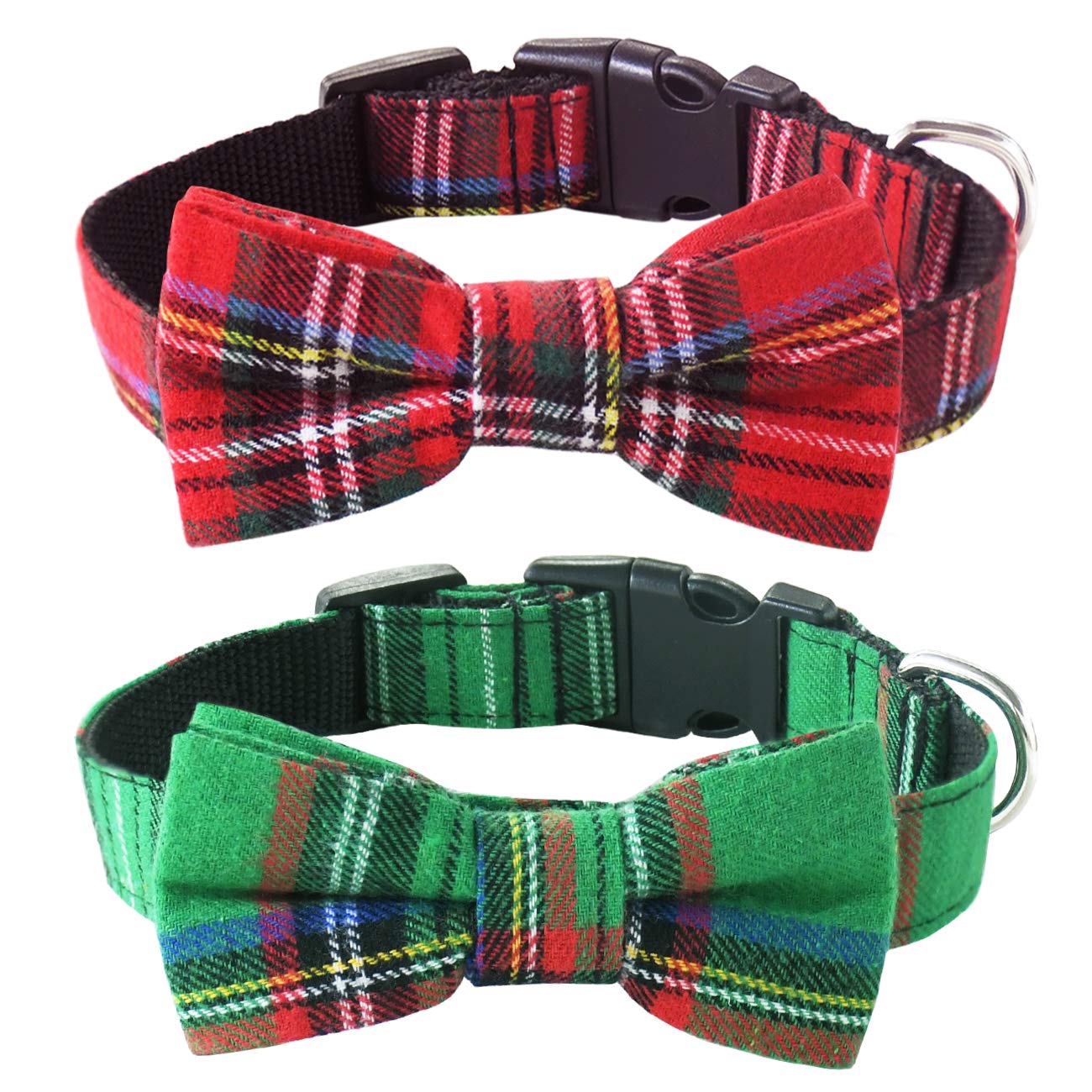 Malier dog collar with bow tie in classic plaid for festive photos and easy sizing