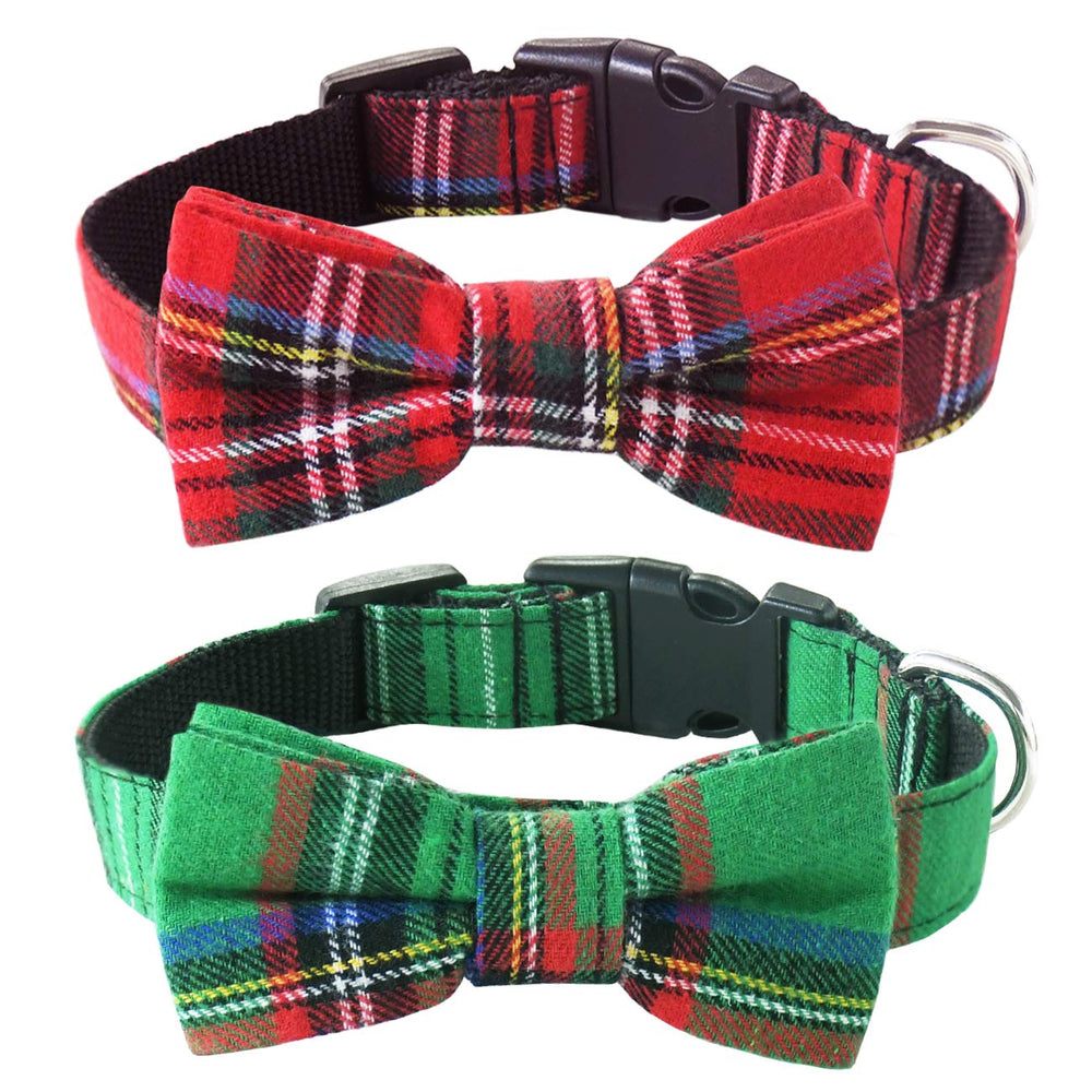 Malier dog collar with bow tie in classic plaid for festive photos and easy sizing