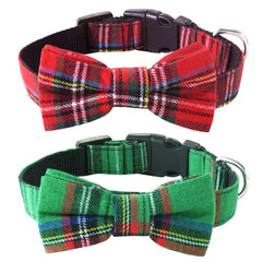 Malier dog collar with bow tie in classic plaid for festive photos and easy sizing