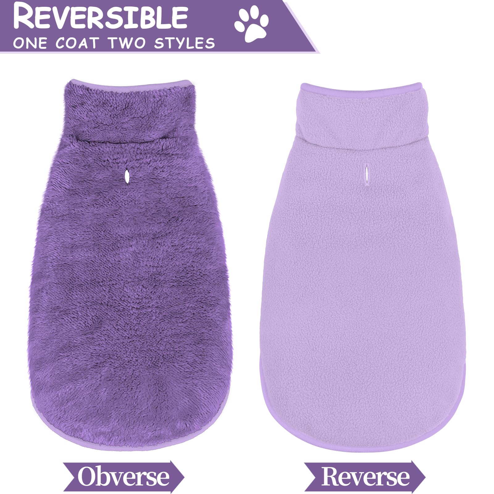 Malier dog winter coat closeup fleece purple highlights soft insulating fleece texture.