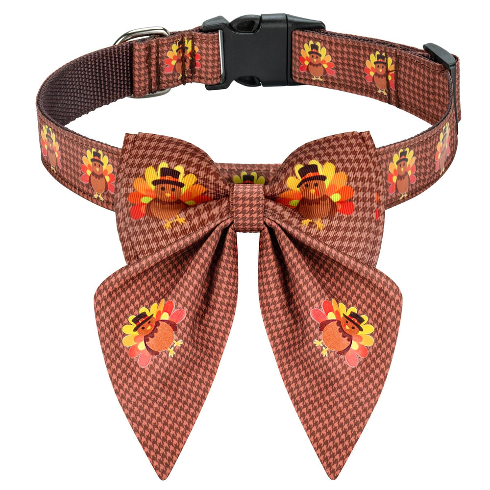 Malier Thanksgiving dog collar with bow-tie featuring turkey pattern for festive photos