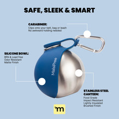 MalsiPree bowl-navy folded demonstrates a compact travel solution for water bowls