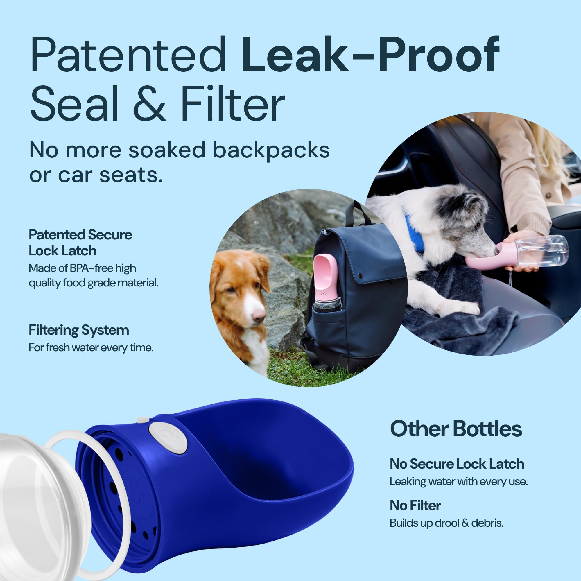 MalsiPree built-in bowl dog water bottle for one-handed hydration.
