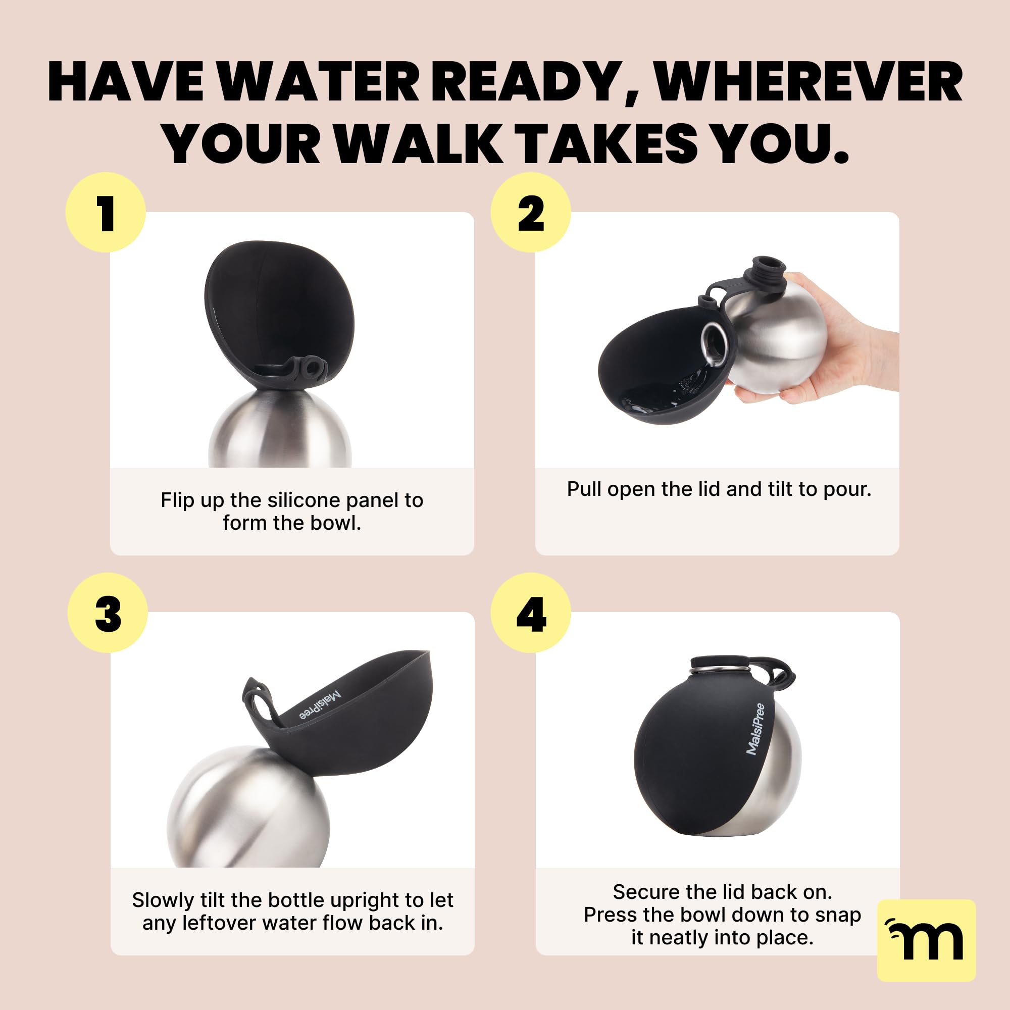 MalsiPree carabiner lets you clip the bottle to bags for hands-free use.