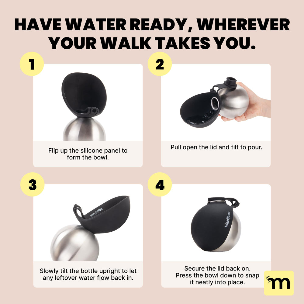 MalsiPree carabiner lets you clip the bottle to bags for hands-free use.