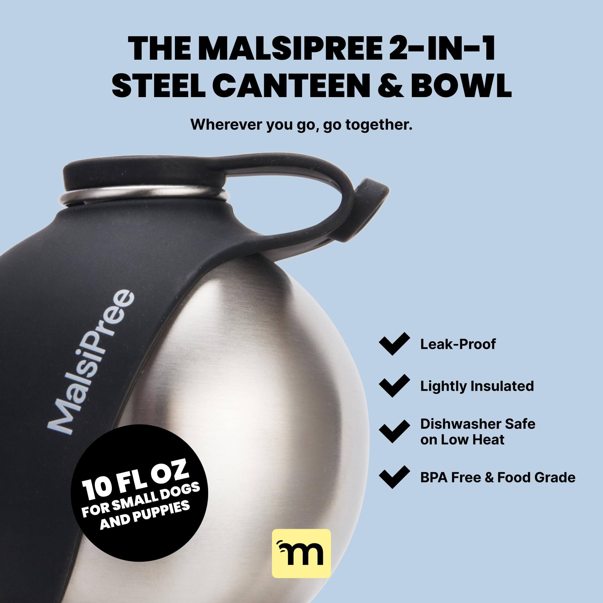 MalsiPree dog bowl with silicone panel flips open for easy drinking on the go.