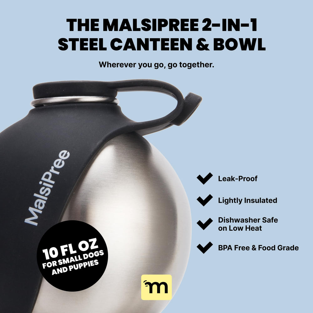 MalsiPree dog bowl with silicone panel flips open for easy drinking on the go.