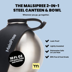 MalsiPree dog bowl with silicone panel flips open for easy drinking on the go.