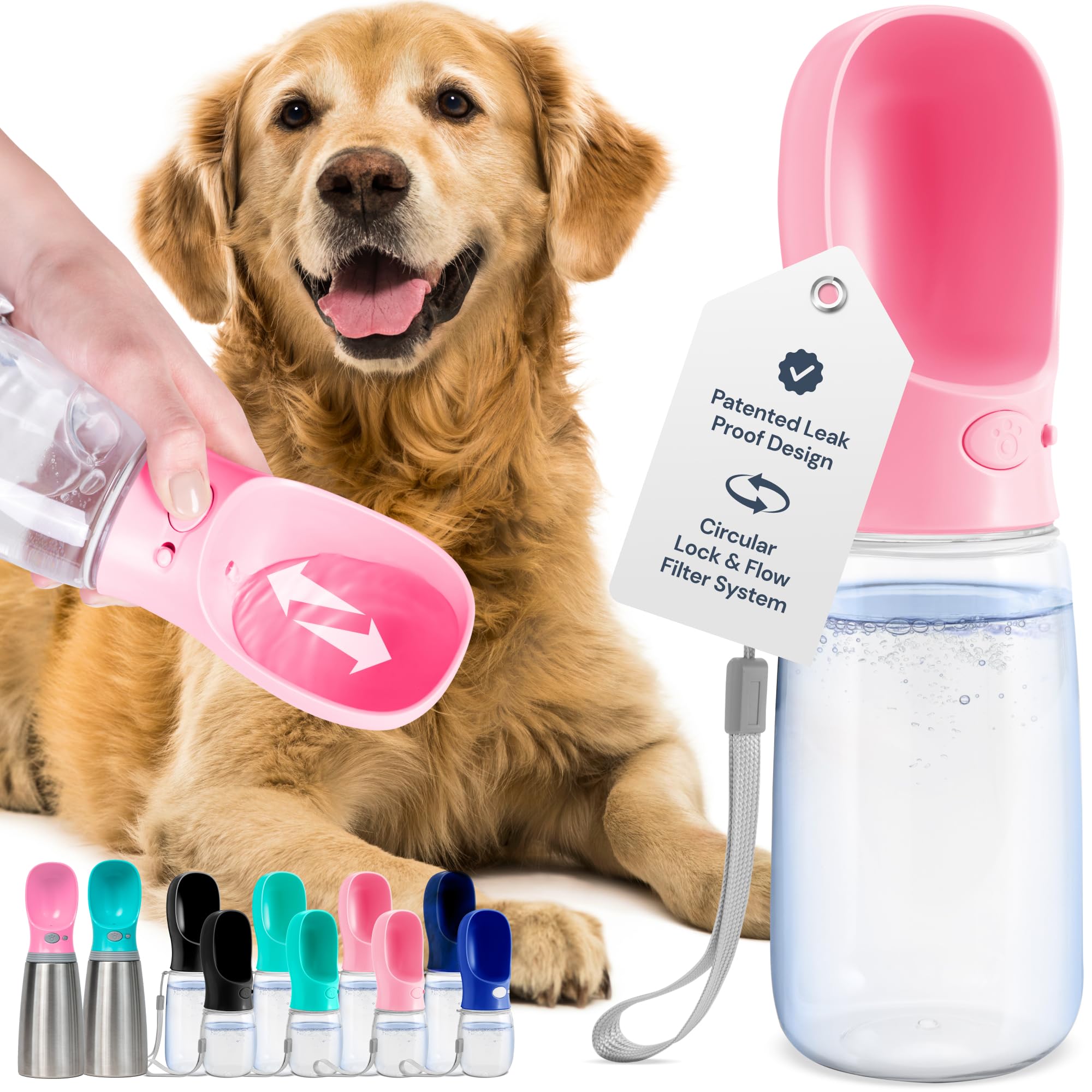 MalsiPree dog water bottle 19oz with pink bowl for easy on-the-go hydration.