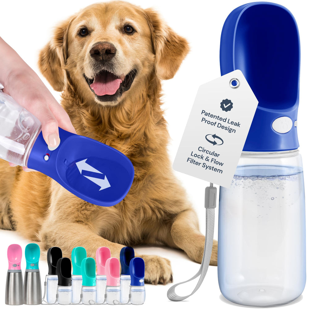 MalsiPree dog water bottle navy blue cap, convenient travel hydration on the go.