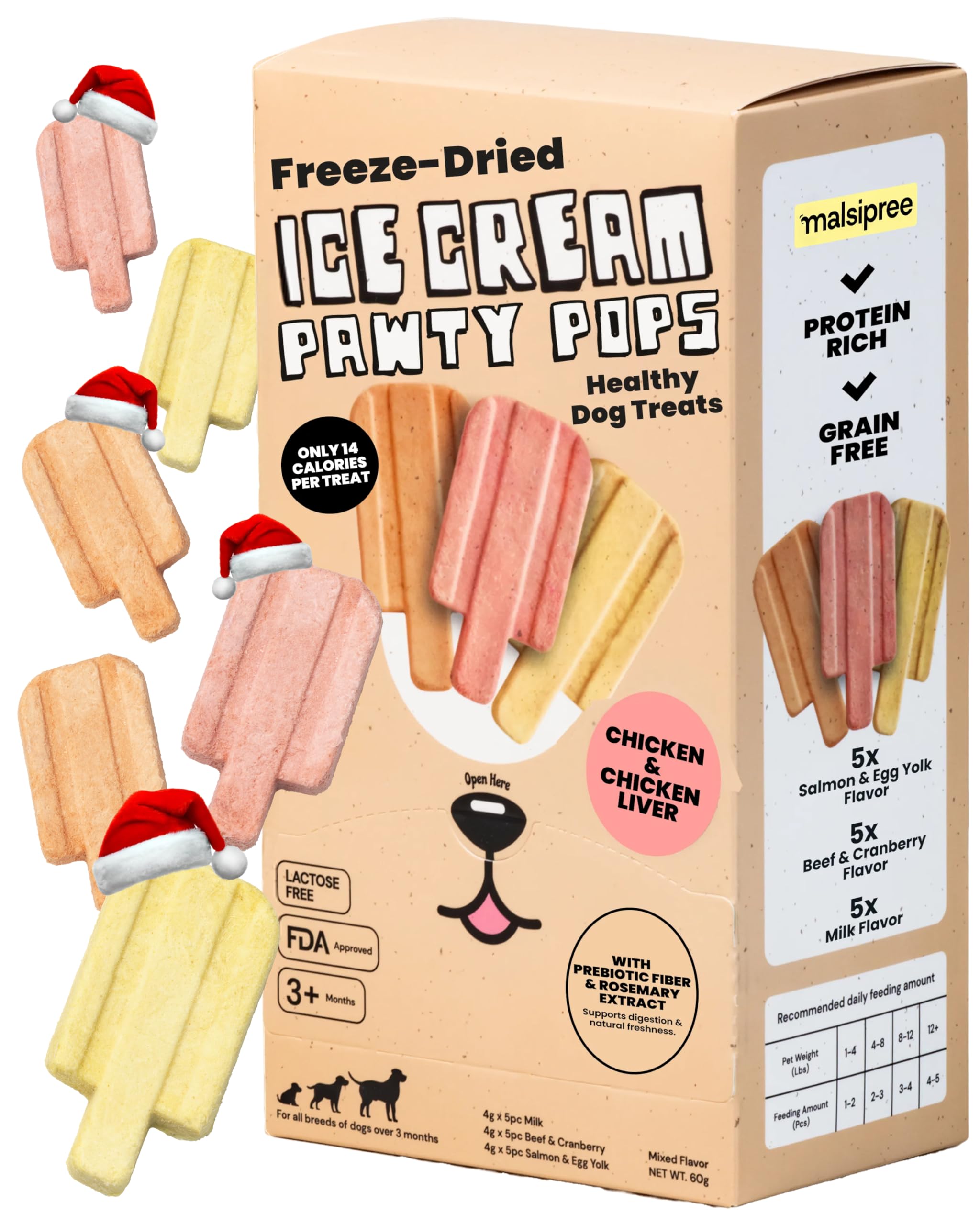 MalsiPree Ice Cream Freeze-Dried Dog Treats—packfront; protein-packed birthday snack