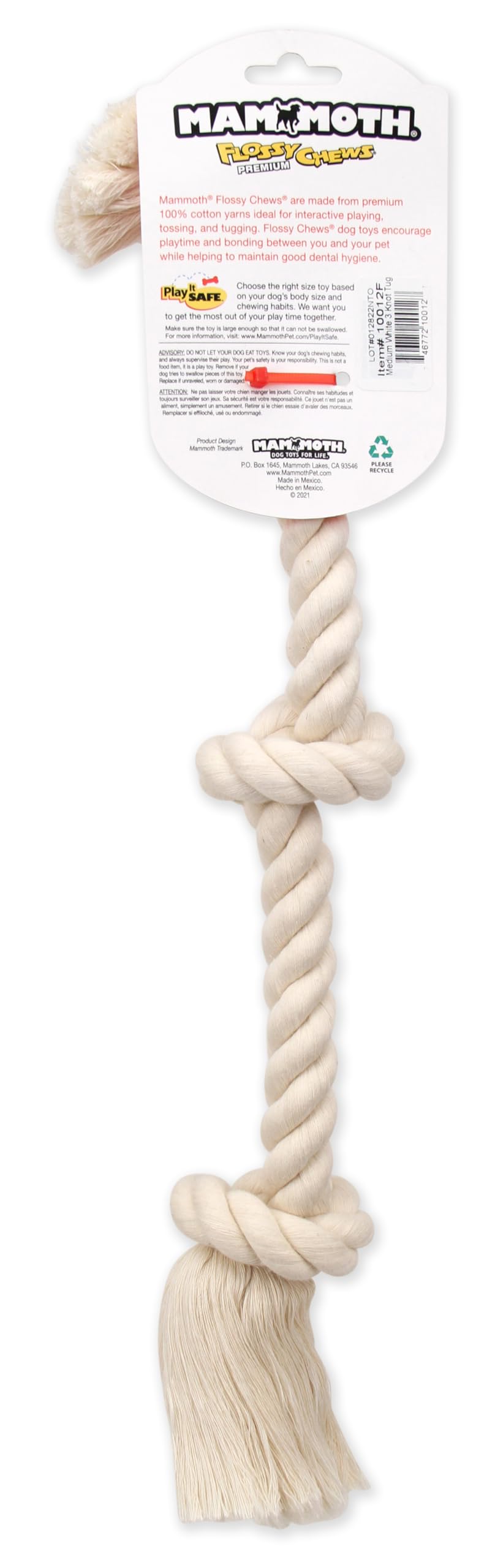 Mammoth Flossy Chews white knot toy showing premium cotton rope for safe chewing.