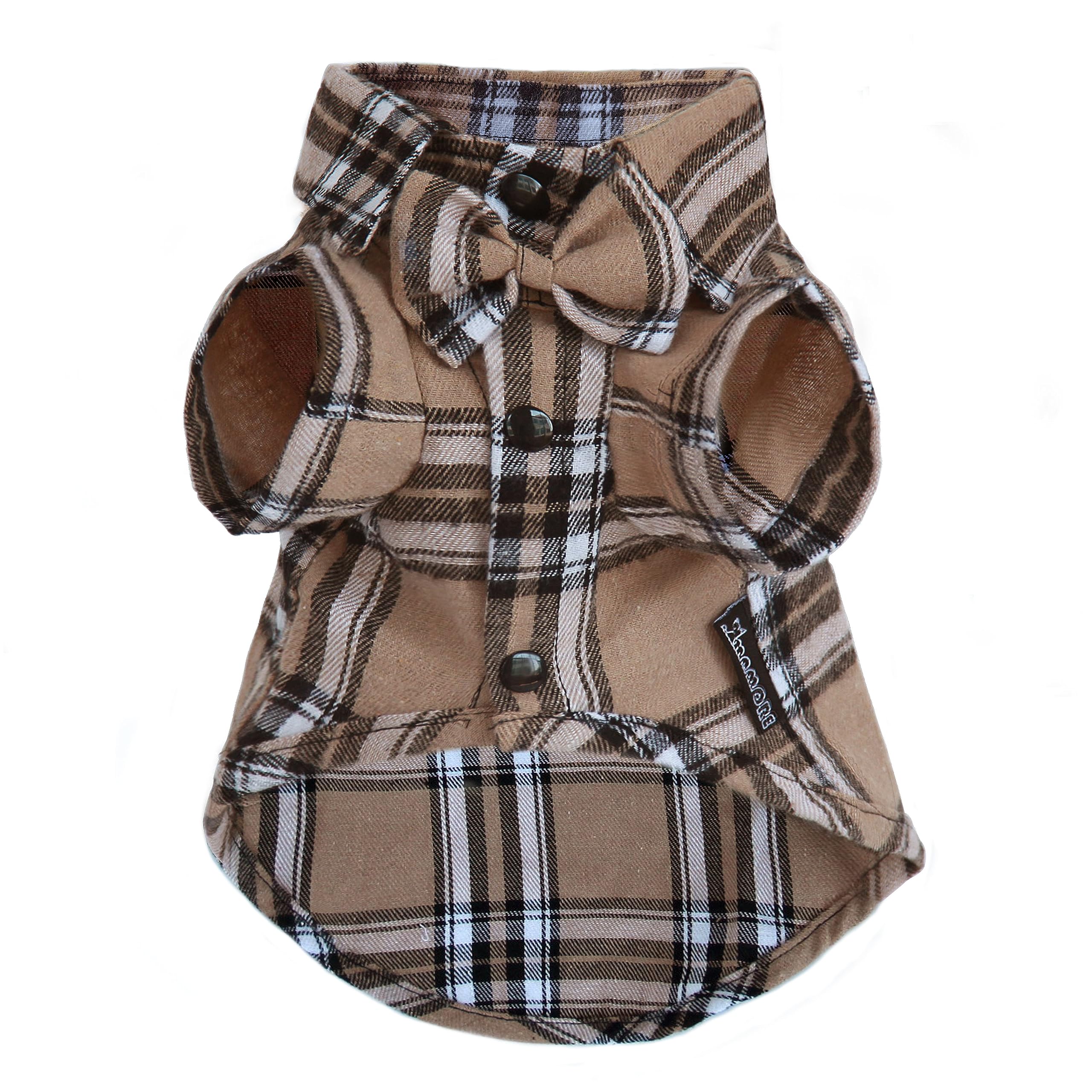MAMORE plaid dog shirt with dark khaki bow tie for wedding ready charm.