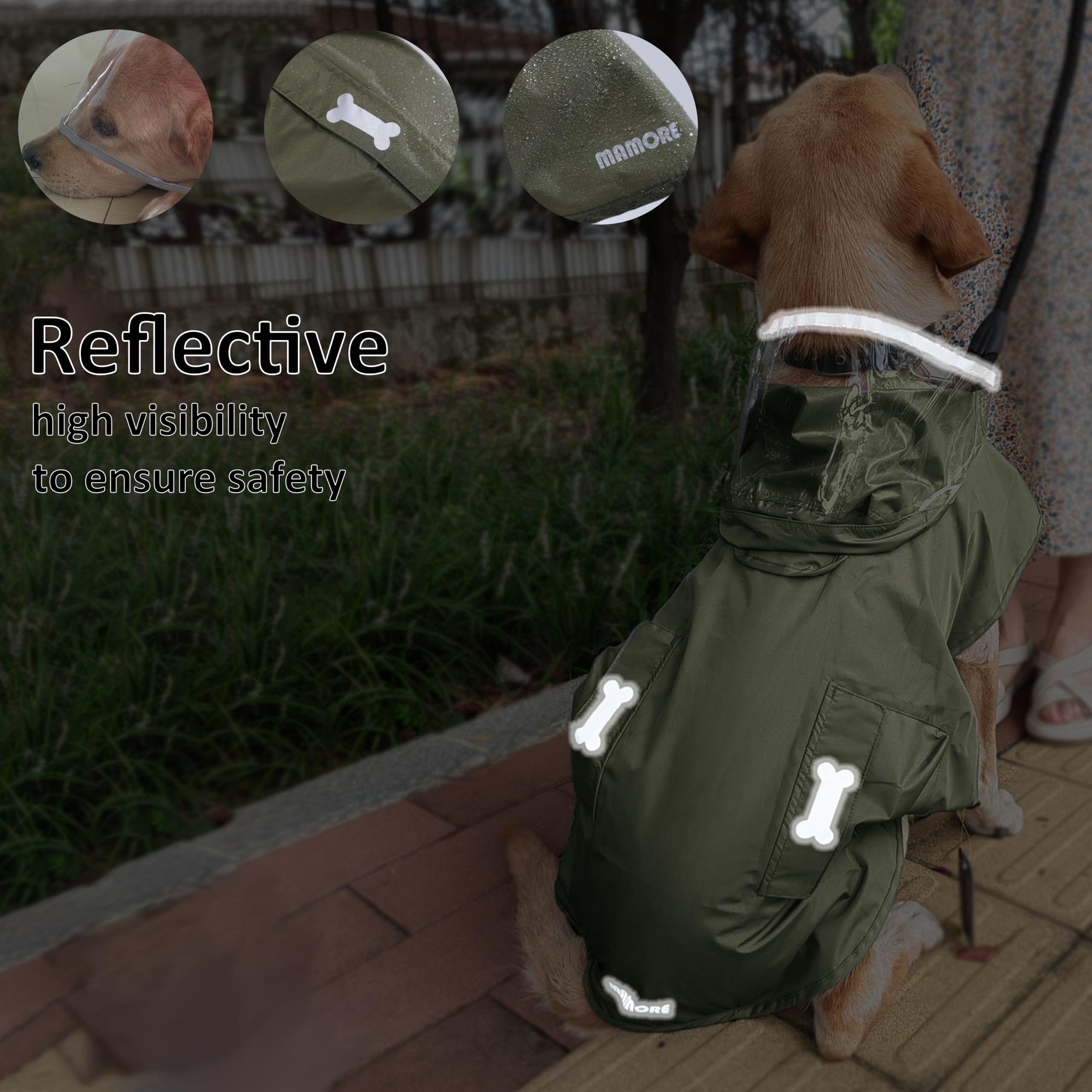 MAMORE raincoat back leash hole enables easy control during walks.