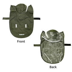 MAMORE raincoat back shows reflective strips for safer evening dog walks.