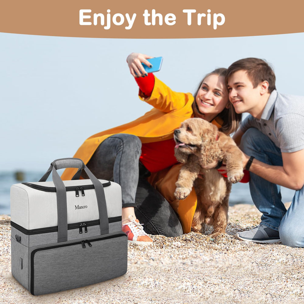 Mancro back luggage strap enables hands-free travel with dogs.