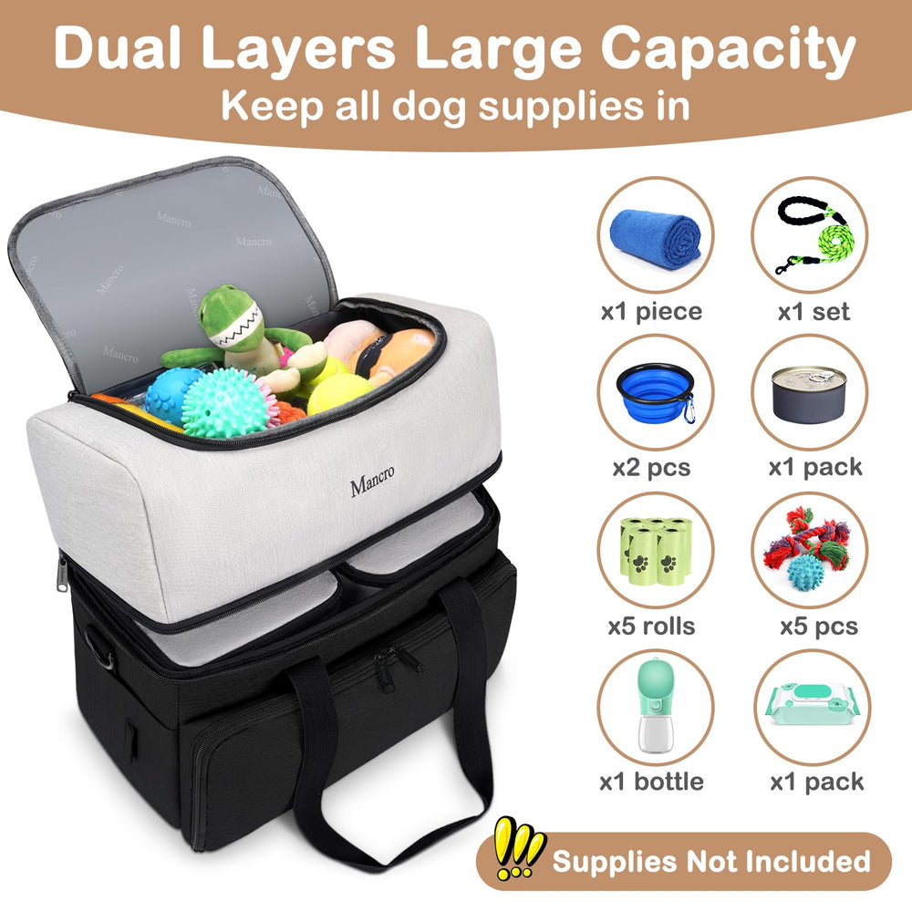 Mancro Dual Layers Dog Travel Bag down layer holds two large food containers for long trips