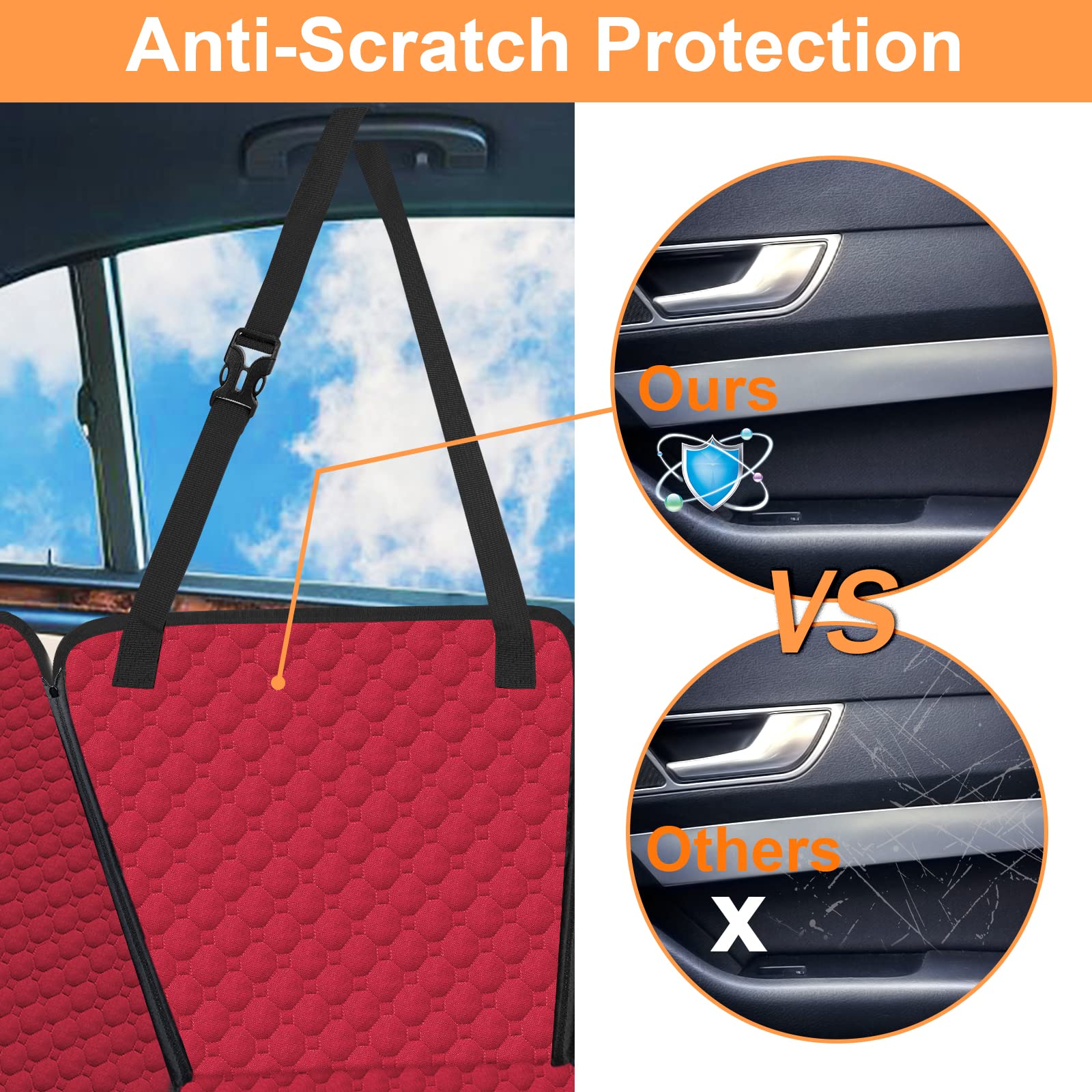 Mancro side flaps protection demonstrates extra barrier against door scratches during pets in car.