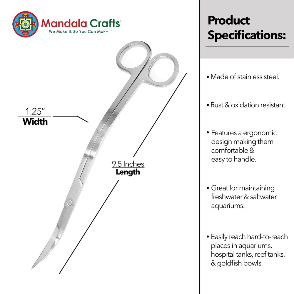 Mandala Crafts stainless steel aquarium scissors with rust-resistant coating for lasting tank maintenance.