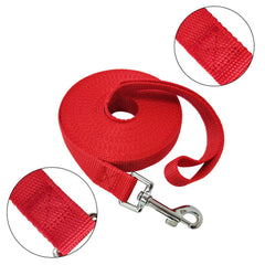Mandao nylon training leash 20ft red in-use on beach for recall and exploration.