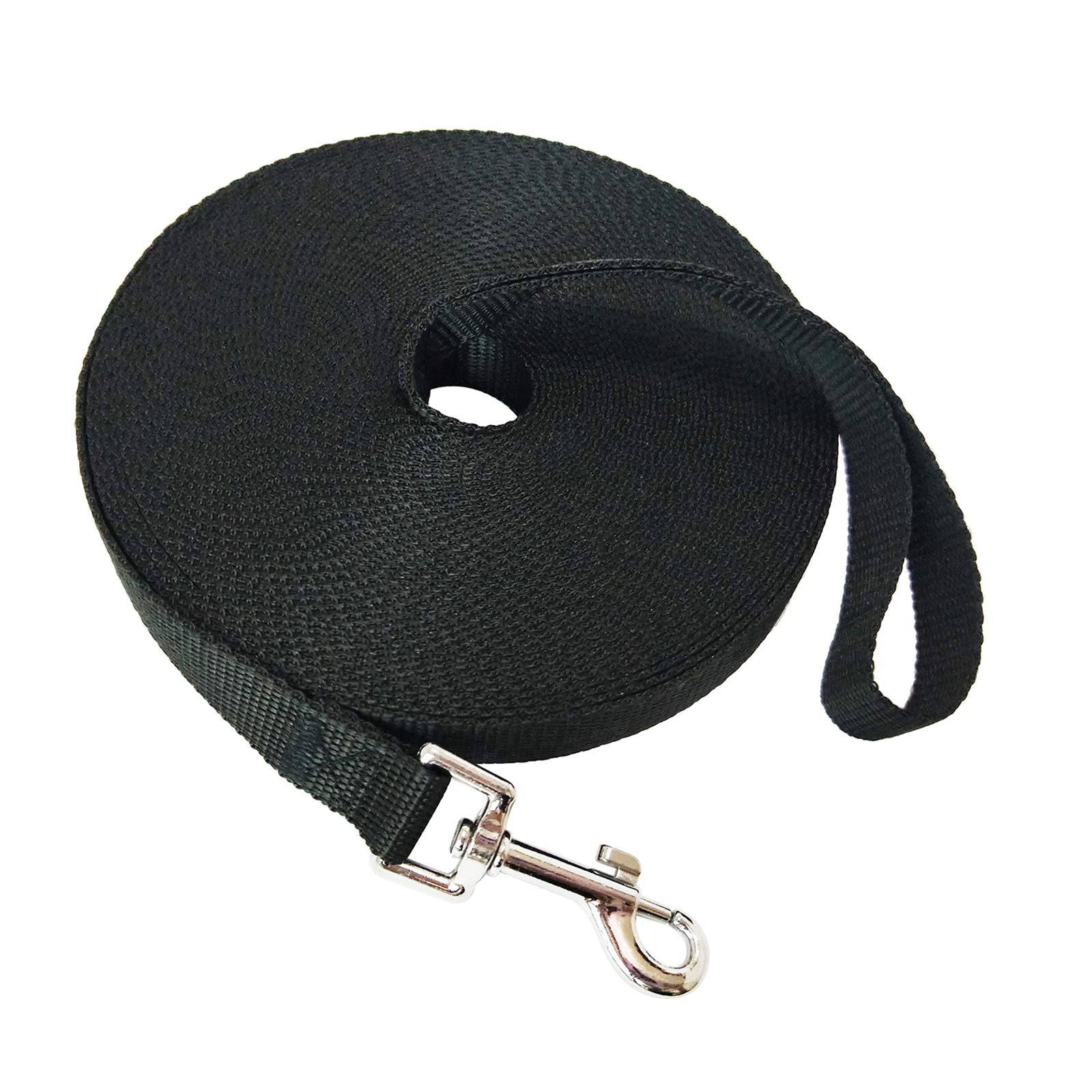 MANDAO 50ft black nylon training leash for recall and outdoor practice.