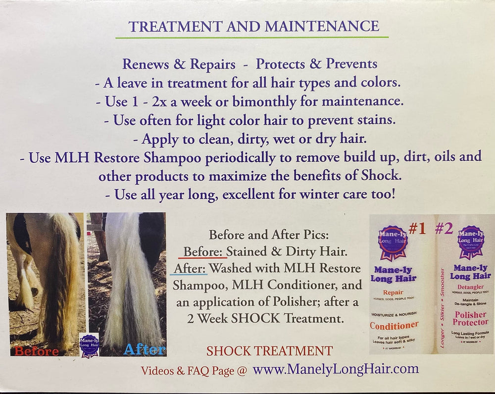 Mane-ly Long Hair SHOCK! Repair Conditioner bottle nourishes dry coats and boosts shine.