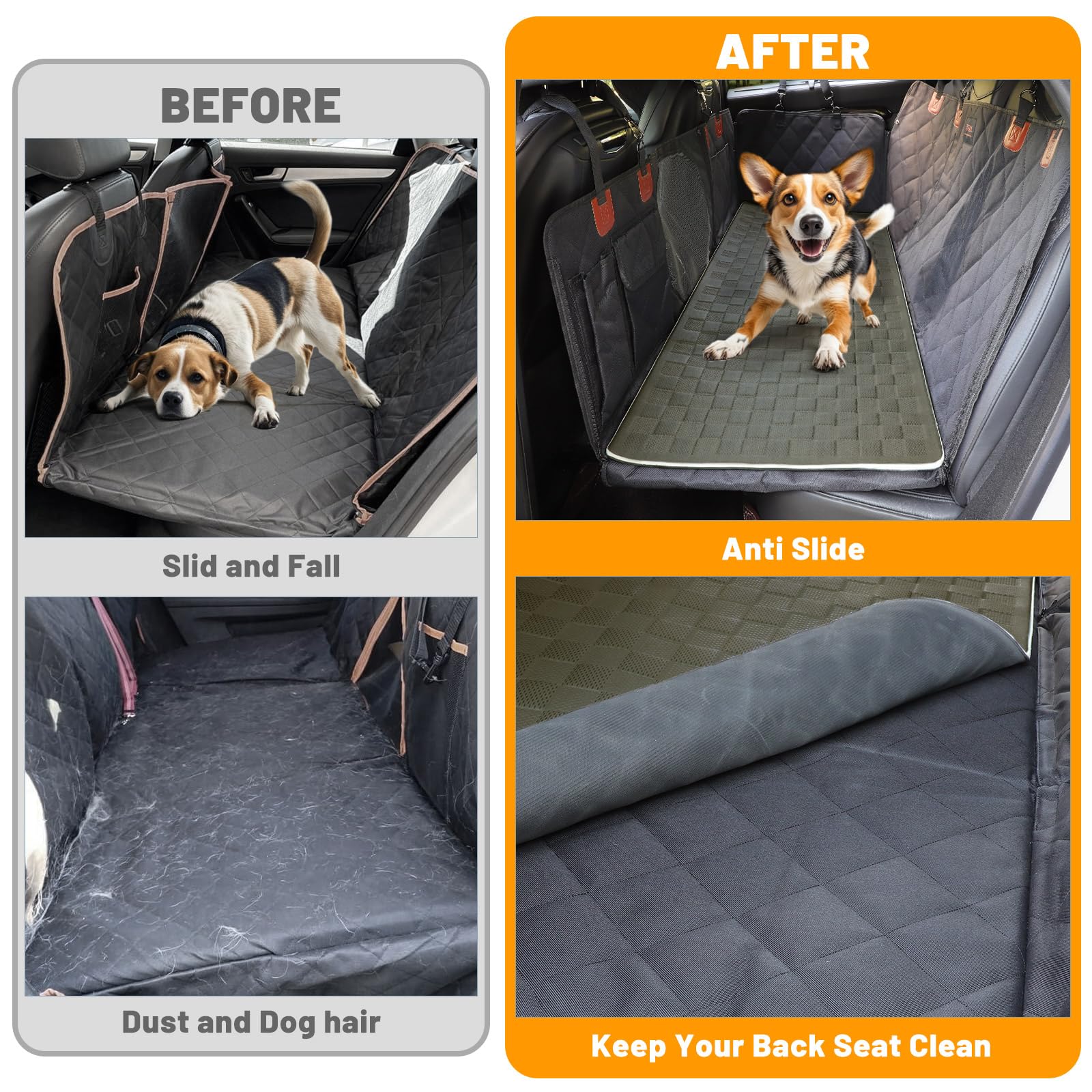 Manificent non-slip pet bed mat back seat install shows quick, secure fit on a hard bottom seat.